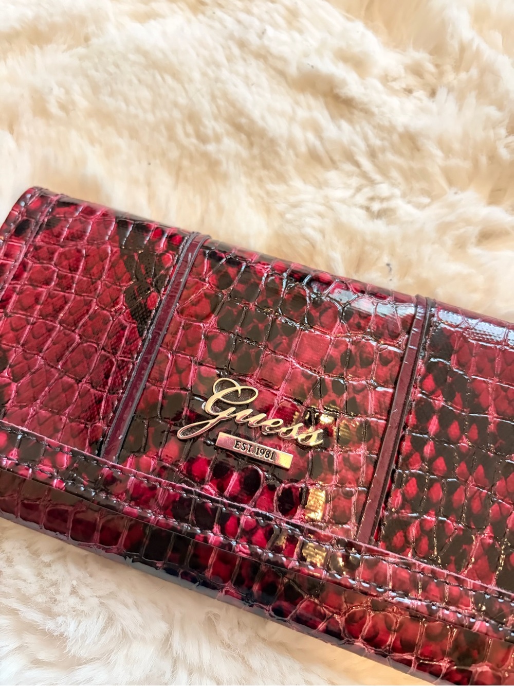 GUESS Burgundy Croc-Embossed Wallet with Black Accents